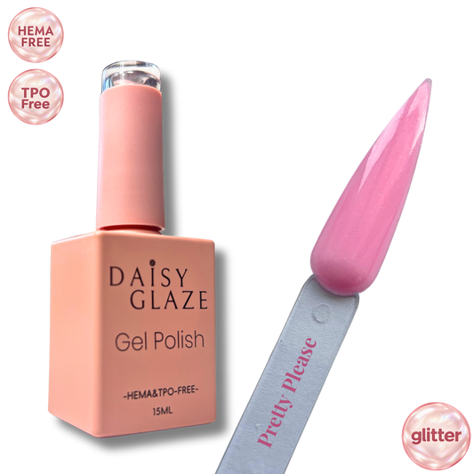 Pretty Please gel polish by Daisy Glaze in bright pink shimmer, shown beside the bottle