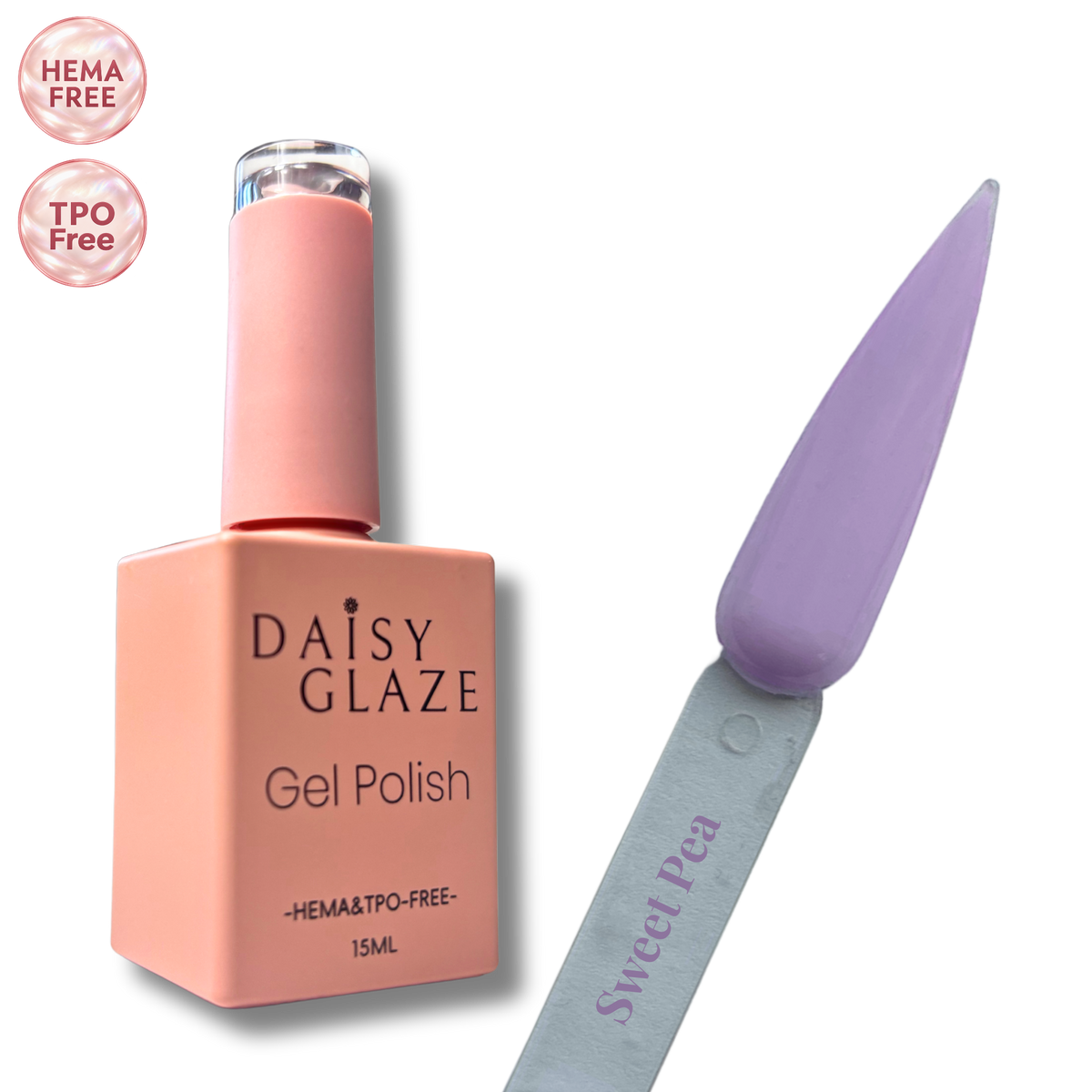 Sweet Pea gel polish by Daisy Glaze in soft lavender, shown beside the bottle