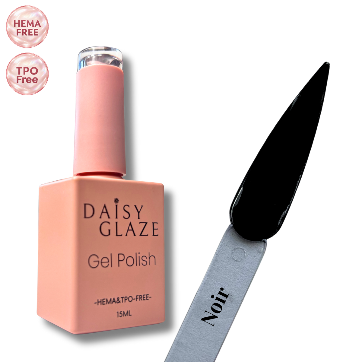 Noir gel polish by Daisy Glaze in glossy jet black, shown beside the bottle