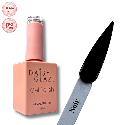 Noir gel polish by Daisy Glaze in glossy jet black, shown beside the bottle
