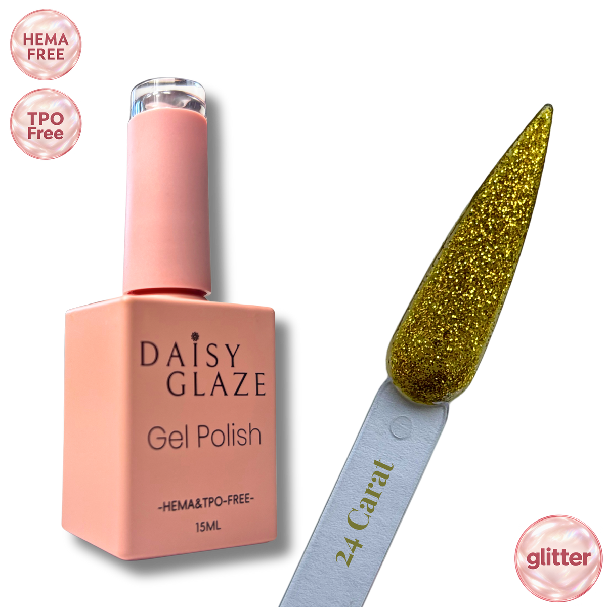 24 Carat gel polish by Daisy Glaze in rich gold glitter, shown beside the bottle