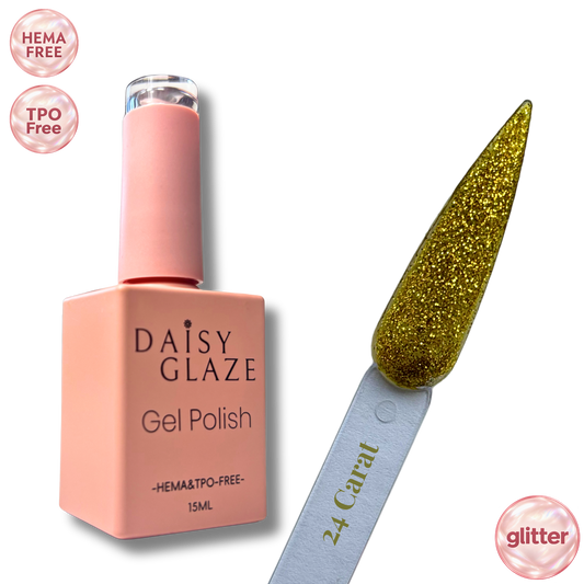 24 Carat gel polish by Daisy Glaze in rich gold glitter, shown beside the bottle