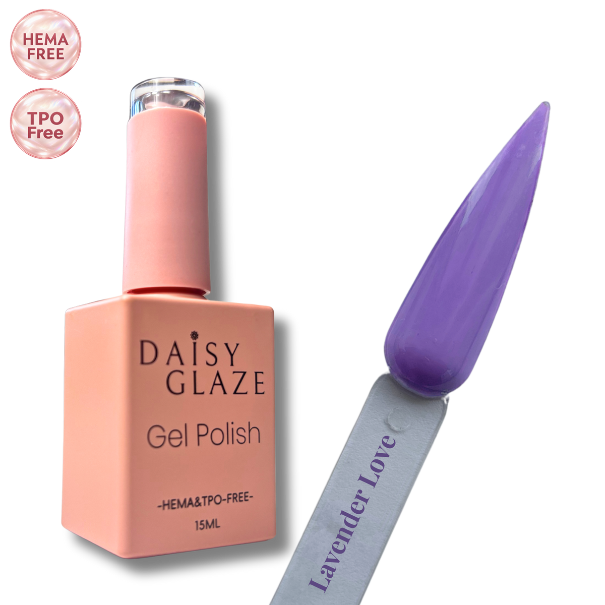Lavender Love gel polish by Daisy Glaze in vivid lavender-violet, shown beside the bottle