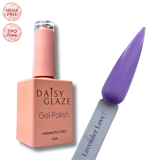 Lavender Love gel polish by Daisy Glaze in vivid lavender-violet, shown beside the bottle
