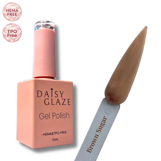 Brown Sugar gel polish by Daisy Glaze in warm taupe brown, shown beside the bottle