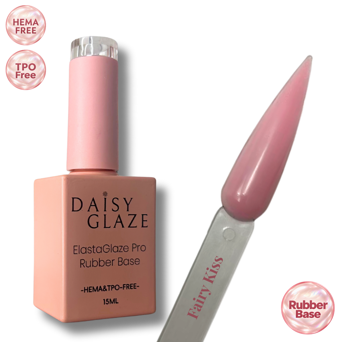Fairy Kiss tinted rubber base by Daisy Glaze in sheer milky pink, shown beside the bottle