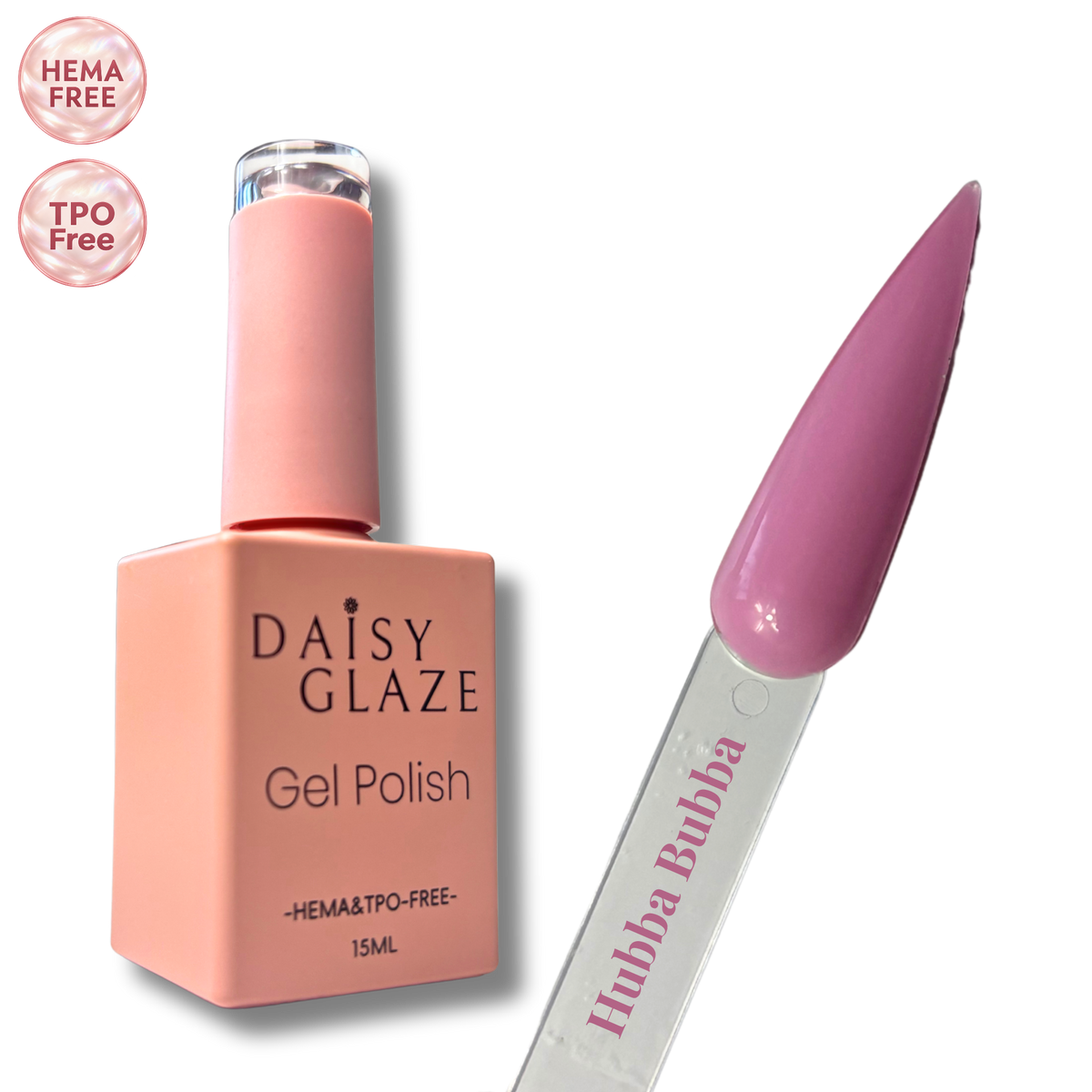 Hubba Bubba gel polish by Daisy Glaze in orchid pink-purple, shown beside the bottle