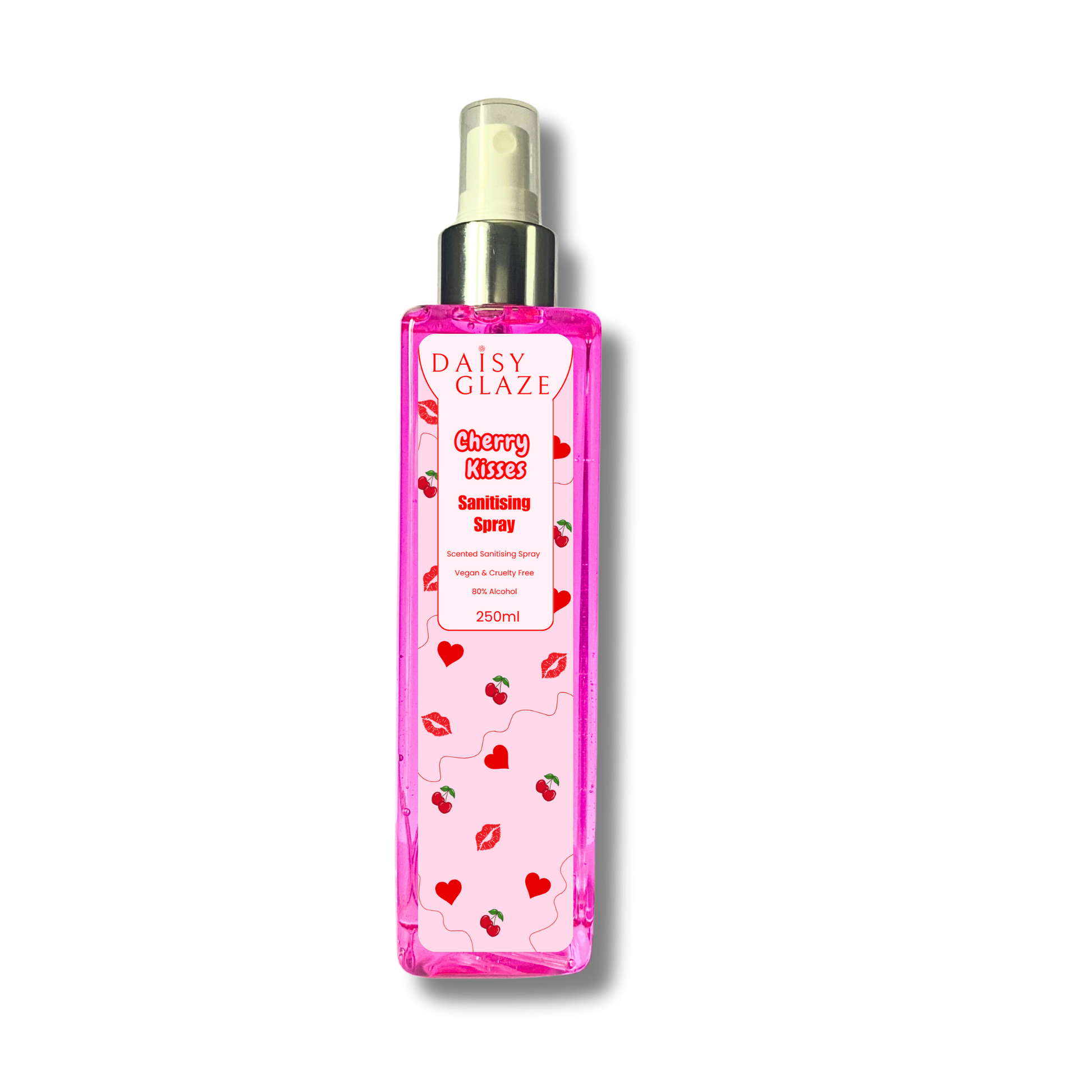 Pink spray bottle with heart and strawberry design on a white background