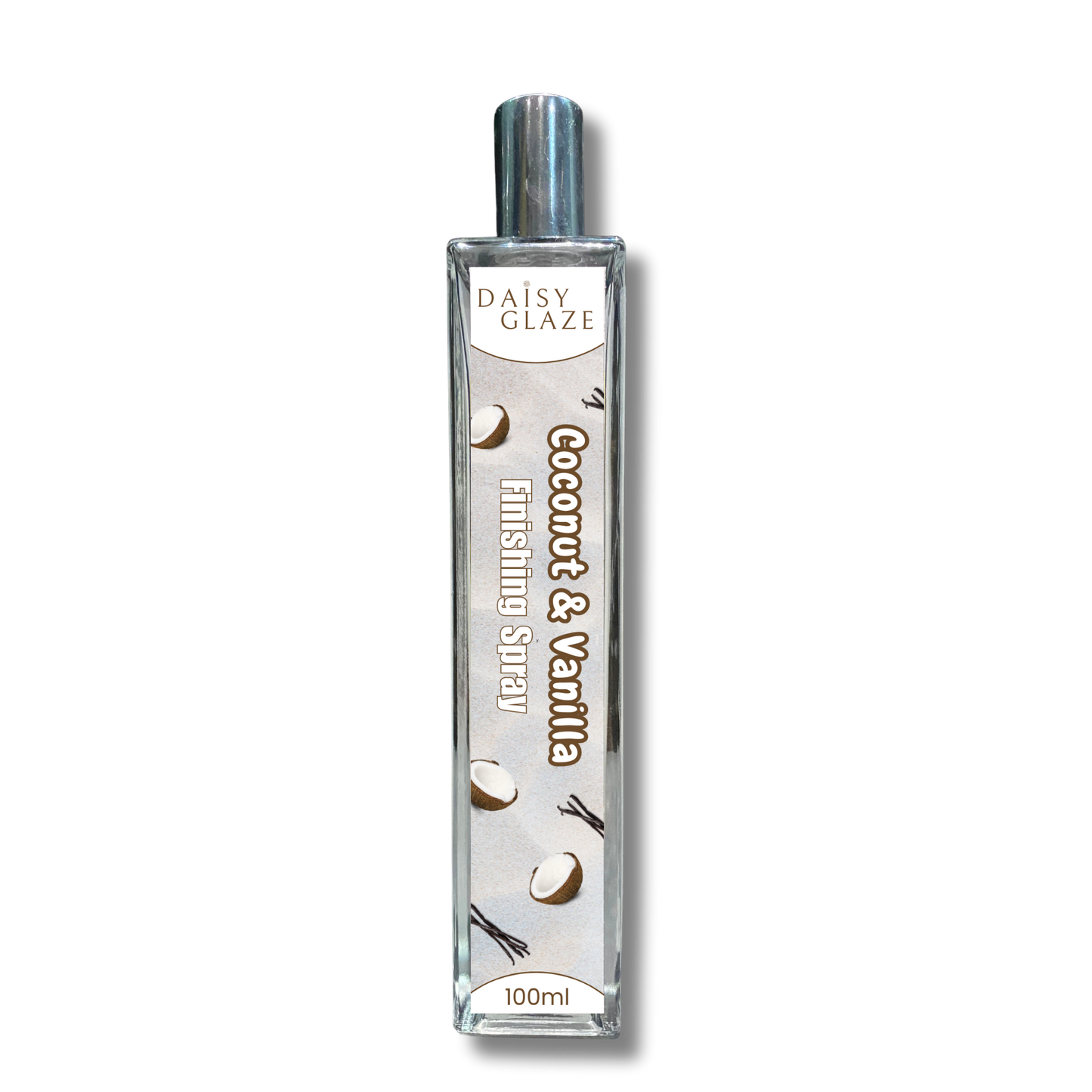 Coconut and Vanilla finishing spray bottle by Daisy Glaze on a white background