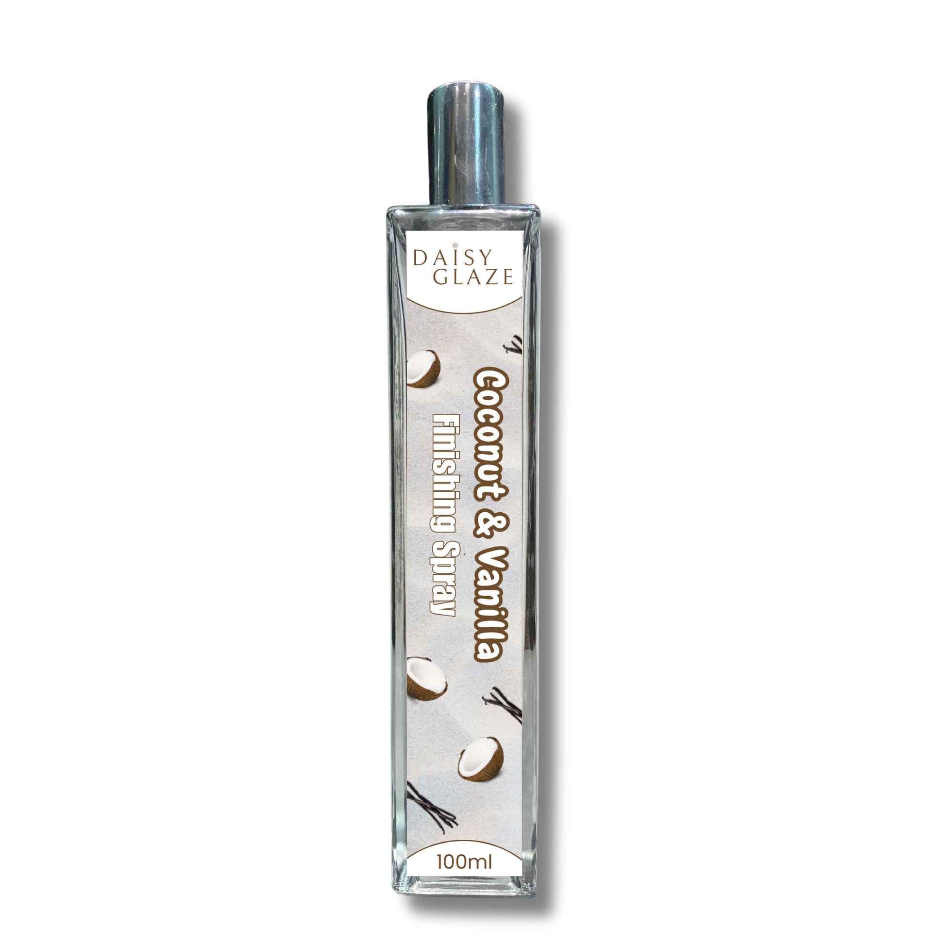 Coconut and Vanilla finishing spray bottle by Daisy Glaze on a white background