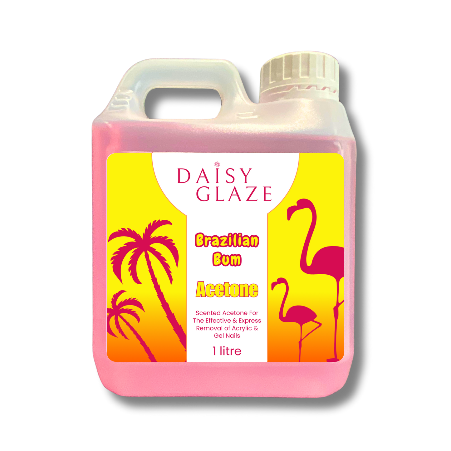 Daisy Glaze Brazilian Bum Acetone bottle with pink flamingo and palm tree design on a yellow background