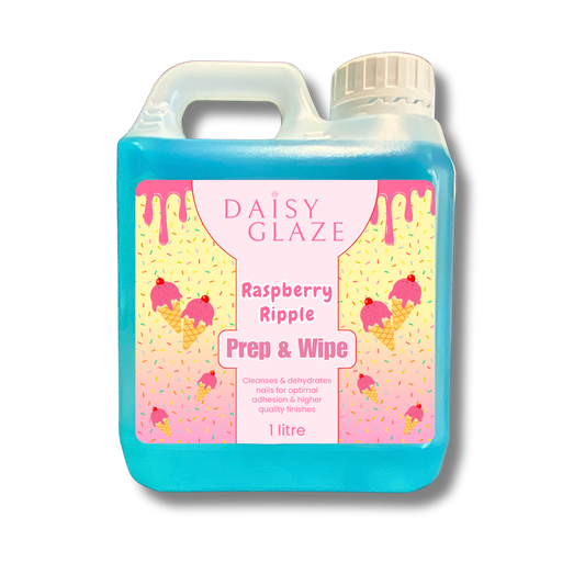 Blue bottle of Daisy Glaze Raspberry Ripple Prep & Wipe on a white background