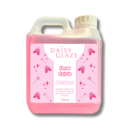 Pink bottle of Daisy Glaze Snow Fairy Acetone on a white background